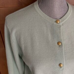 EGG TRADING (London) Light Green Cashmere Crewneck Cardigan & Gold Buttons, S-M